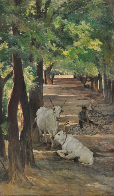 Alej s voly a lamači kamene, asi 1875 (olej na plátně) od Giovanni Fattori