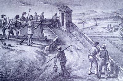 Obrana Livorna z Fort San Pietro, Giovanni Fattori (1825-1908), rytina od Giovanni Fattori