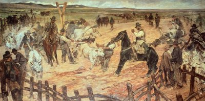 Značení mladých býků v Maremmě od Giovanniho Fattoriho (1825-1908), olej na plátně, 885 cm x 175 od Giovanni Fattori