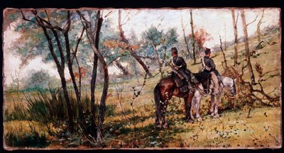 Dva vojáci jedoucí pod stromy (Dva koňské nohy) - Malování od Giovanni Fattori