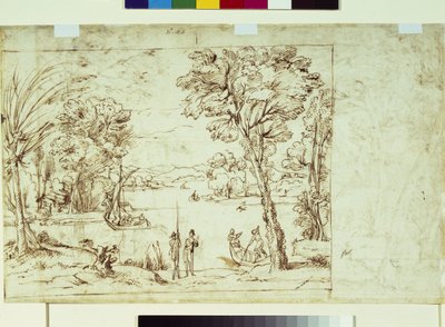 Krajina s postavami na břehu řeky (pero a inkoust na papíře) od Giovanni Francesco Grimaldi