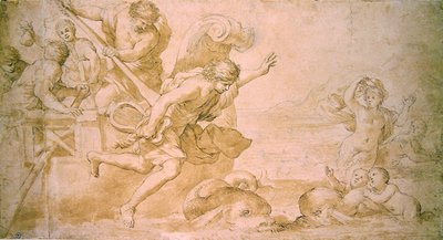 Arion a delfíni (pero a hnědý inkoust a mytí na papíře) od Giovanni Francesco Romanelli