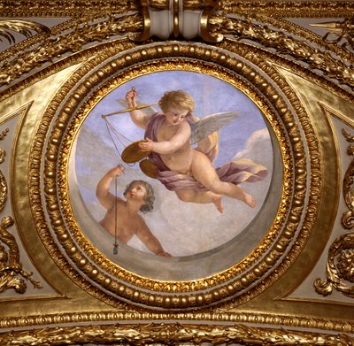 Láska ke spravedlnosti. Obraz od Giovanniho Romanelliho (1601-1662) zdobící strop Antonínského sálu, ložnice letních bytů královny Anny Rakouské (1601-1666). Kolem 1655-1658. Paříž, muzeum Louvre. od Giovanni Francesco Romanelli