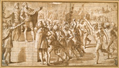 Císař Konstantin, oslovující své vojáky, překvapený vidinou kříže na nebi (pero a inkoust na papíře) od Giovanni Francesco (c.1488 1528) Penni