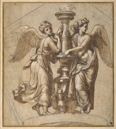 Vítězství objímající svícen (pero a hnědý inkoust s černou křídou na papíře) od Giovanni Francesco (c.1488 1528) Penni