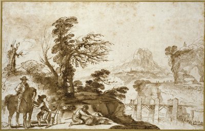 Krajina s jezdcem a mostem (pero a mytí hnědým inkoustem s trochou černé křídy na špinavě bílém papíře) od Giovanni Francesco Barbieri