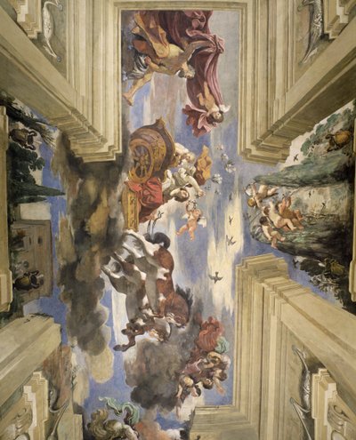 Detail stropu Sala di Aurora Hall of Dawn zobrazující vůz Dawns, tempera na panelu 1621 od Giovanni Francesco Barbieri