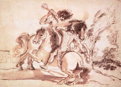 Boj dvou jezdců (pero a inkoust a mytí na papíře) od Giovanni Francesco Barbieri