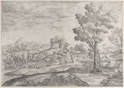 Dům na vrcholu kulaté skály uprostřed, lidé v řece a na kánoích, 1626-80. od Giovanni Francesco Grimaldi
