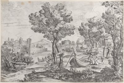 Krajina s mužem držícím hada vyděšenému dítěti, sledovaná módním d..., 1626-80. od Giovanni Francesco Grimaldi