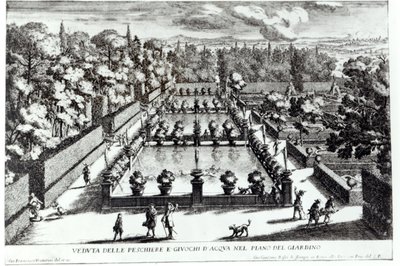 Rybníky ve Villa dEste, Tivoli, z Le Fontane od Giovanniho Battisty Faldy (c.1648-1787), publikoval 1689 od Giovanni Francesco Venturini