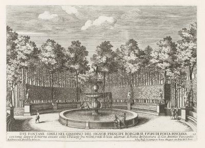 Fontein v de Villa Borghese v Římě Dvě podobné fontány v zahradě Signor prencipe Borghese (...) (název na objektu) Fontány v palácích a zahradách Říma (název série) Fonteinen in de paleizen en tuinen van Rome (název série) od Giovanni Francesco Venturini