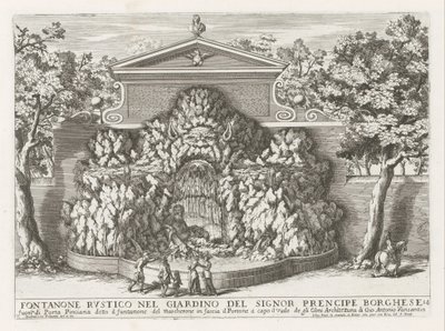 Fontein v de Villa Borghese v Římě Rustikální fontána v zahradě pana prencipe Borghese (...) (název na objektu) Fontány v palácích a zahradách Říma (název série) Fonteinen in de paleizen en tuinen van Rome (název série) od Giovanni Francesco Venturini