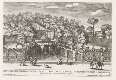 Fontein in de tuinen van Villa Doria Pamphilj te Rome Pohled na fontány na pravé straně zahradního divadla (...) (titul na objektu) Fontány v palácích a zahradách Říma (název série) Fonteinen in de paleizen en tuinen van Rome (série od Giovanni Francesco Venturini