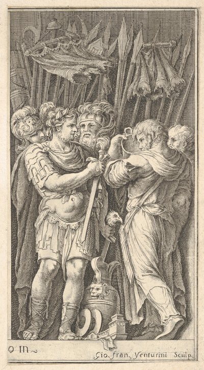 Vojáci, jeden zepředu a držící meč, vpravo voják s ba..., ca. 1650-1700. od Giovanni Francesco Venturini