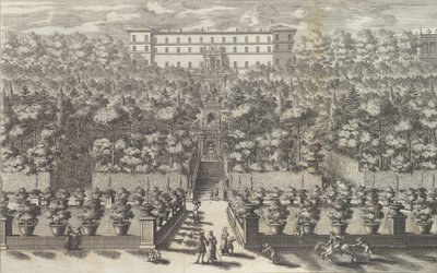 Pohled na palác ze zahradního patra s fontánami ..., 1691 nebo později. od Giovanni Francesco Venturini