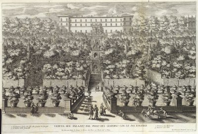 Pohled na palác ze zahradního patra s fontánami, z hospody La Fontane. c 1691 od Giovanni Francesco Venturini
