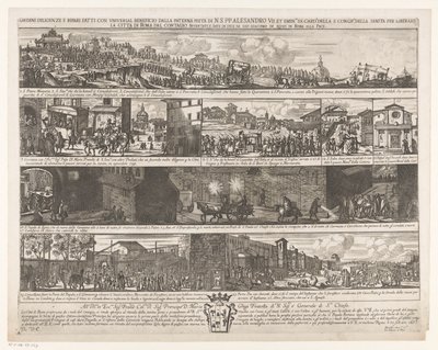 Optocht om Rome vrij te maken van de pest Diligence zakázky a opravy provedené s univerzálním prospěchem otcovským Pietra di N. S. PP. Alexandr VII. et emin.mi SS. card.li S. congr.me della sanita osvobodit město Řím od nákazy (titul na o od Giovanni Giacomo de
