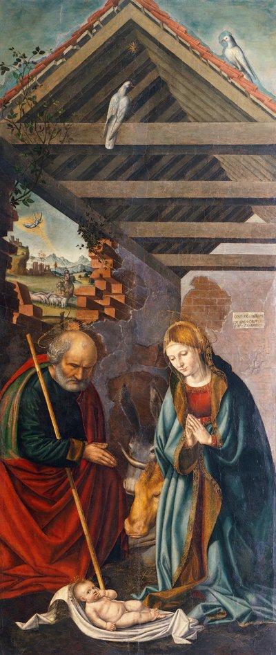 Klanění dítěte, ústřední panel triptychu zobrazujícího Narození se svatými Františkem a Bartolomějem se dvěma dárci od Giovanni Girolamo Savoldo