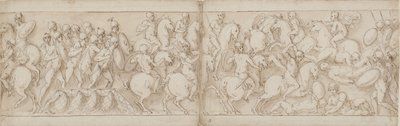 Marcus Aurelius se vydává přes přístaviště s pěchotou a kavalérií (CVIII); Sarmati jsou odraženi postupujícími Římany (CIX) od Giovanni Guerra