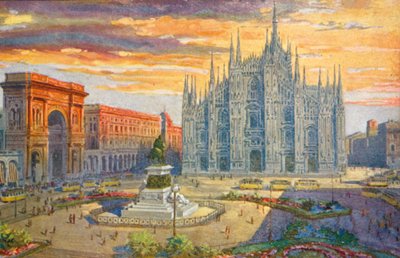 Milano / Milán: Piazza del Duomo (barevná litografie) od Giovanni Guerzoni