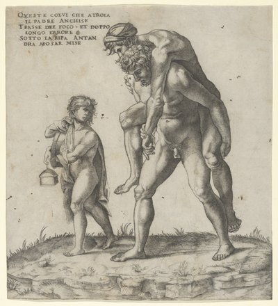 Aeneas zachraňující Anchise, mladého chlapce nesoucího lucernu nalevo, ca. 1525, ca. 1525. od Giovanni Jacopo Caraglio