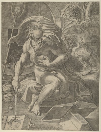 Diogenes seděl s barelem za ním a četl knihu, zatímco držel hůl..., ca. 1526-27. od Giovanni Jacopo Caraglio