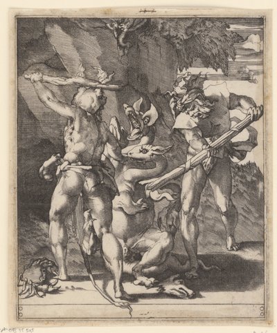 Herkules bojuje s hydrou Lerny Scény s Herkulesem (název série) od Giovanni Jacopo Caraglio