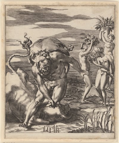 Hercules zápasí s Achelousem Scény s Herkulesem (název série) od Giovanni Jacopo Caraglio