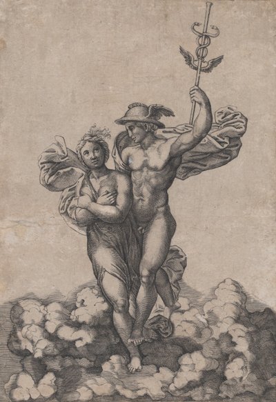 Merkur nesoucí Psyché na Olymp, po Raphaelově skladbě ve vile Farnes..., ca. 1520-39. od Giovanni Jacopo Caraglio