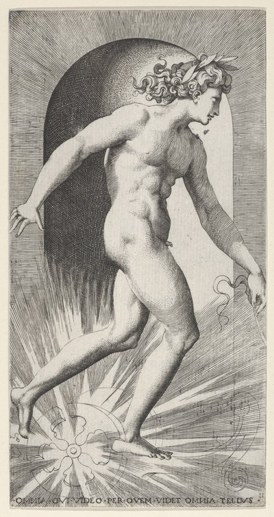 Deska 11: Apollo jedoucí na svém voze ve výklenku, otočený vpravo, ze série mythologica..., 1526. od Giovanni Jacopo Caraglio