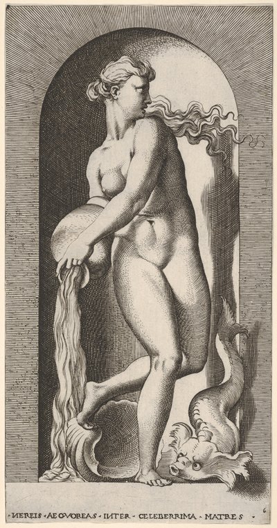 Deska 6: Thetis stojící ve výklenku s lasturou a mořským tvorem, vylévající vodu z ..., 1526. od Giovanni Jacopo Caraglio