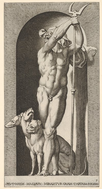 Deska 7: Pluto ve výklenku, držící bident, s Cerberem vedle něj, ze série m..., 1526. od Giovanni Jacopo Caraglio