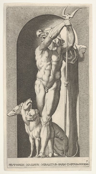 Deska 7: Pluto ve výklenku, držící bident, s Cerberem vedle něj, ze série m..., 1526. od Giovanni Jacopo Caraglio
