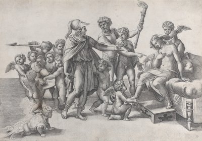 Sňatek Alexandra a Roxany, Alexandr obklopený putti, nabízející korunu t..., 1520-39. od Giovanni Jacopo Caraglio