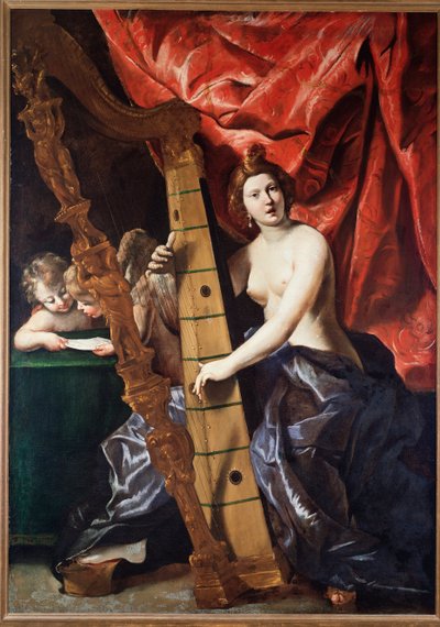 Žena hudba hrající na harfu (alegorie hudby). (Malování od Giovanni Lanfranco