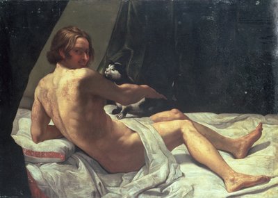 Mladý muž ležící na posteli s kočkou, 1620 od Giovanni Lanfranco
