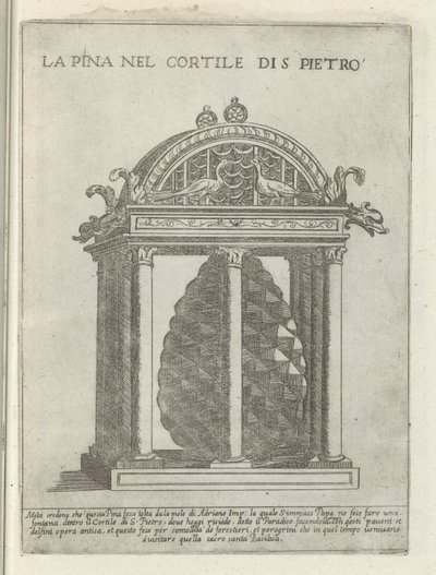 De Pigna te Vaticaanstand La Pina v Cortile di S. Pietro (titul na objektu) Moderne en antieke monumenten en bouwwerken v Římě (název série) Ozdoby starověkých a moderních budov města alma v Římě (název série) od Giovanni Maggi