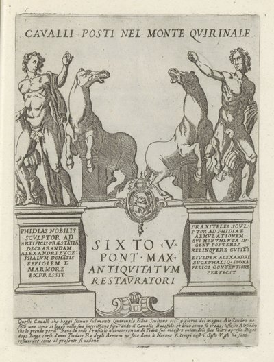 Dioscuren op de Quirinaal Koně umístěni v Mount Quirinale (název na objektu) Moderne en antieke monumenten en bouwwerken v Římě (název série) Ozdoby starověkých a moderních budov města alma v Římě (název série) od Giovanni Maggi