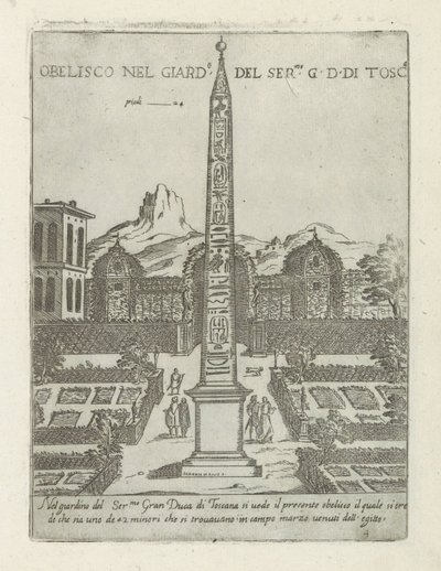 Egyptský obelisk v zahradě vily Medici v Římě Obelisco nel giard.o del ser.mo G. D. Di Tosc.a (název na objektu) Moderní a starověké památky a budovy v Římě (název série) Ornamenti di fabriche antichi and moderni dell