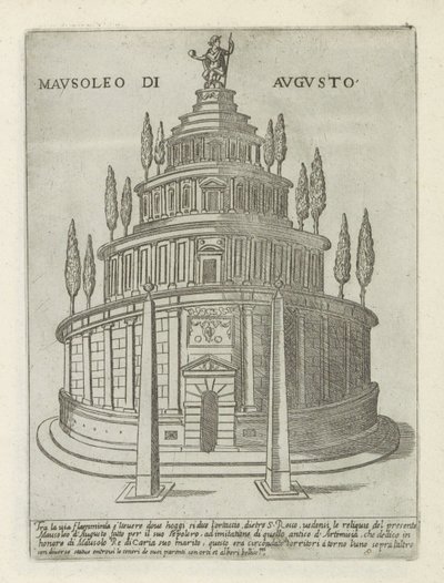 Augustovo mauzoleum v Římě Mausoleo di Augusto (název na objektu) Moderní a starověké památky a budovy v Římě (název série) Ornamenti di fabriche antichi et moderni dell