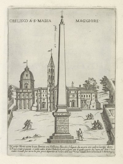 Obelisk voor de Santa Maria Maggiore Obelisk v S. Maria Maggiore (název na objektu) Moderne en antieke monumenten en bouwwerken v Římě (název série) Ozdoby starověkých a moderních budov města alma v Římě (název série) od Giovanni Maggi