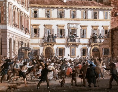 Generál Domenico Pino (1760-1826) harantuje povstání na náměstí Teatro dei Filodrammatici v Miláně dne 20.4.1811 Obraz Giovanni Migliara (1785-1837) Milán, Muzeum Milána od Giovanni Migliara