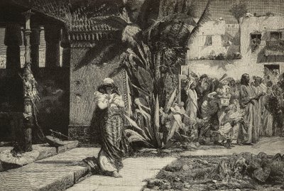 Magdalene, žena s turbanem a průvodem v blízkovýchodní vesnici, rytina bratří Cantagalli z obrazu Giovanniho Muzzioliho (1854-1894), Modena, Itálie z L