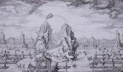 Ohňostroj na oslavu narození dauphina (syna Ludvíka XV.) vyrytý Jeanem Dumontem (Le Romain) (1701-81) 1730 (lept) od Giovanni Niccolo (after) Servandoni
