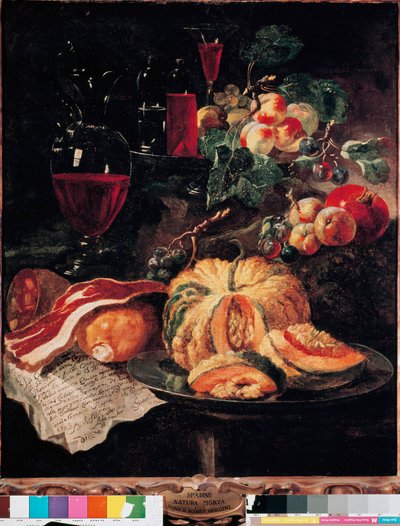 Zátiší Dýně, slanina, šunka, broskve a víno. Obraz Giovan Paolo Castelli dit Lo Spadino (1659-1730) 1703 Řím, Muzeum Conservatori capitolini od Giovanni Paolo Castelli