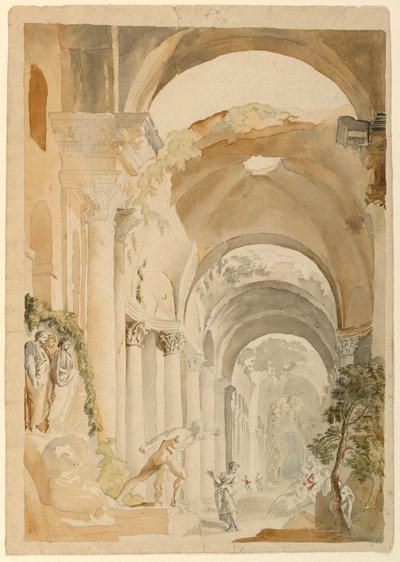 Kresba, Římské ruiny s postavami, asi 1745 od Giovanni Paolo Panini