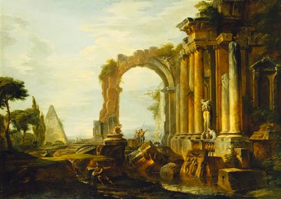 Capriccio klasických ruin s Cestiovou pyramidou a postavami v krajině, od Giovanni Paolo Pannini