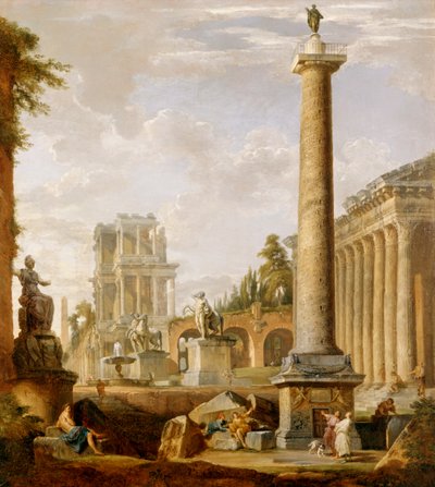 Capriccio římských ruin s Trajánovým sloupem (olej na plátně) od Giovanni Paolo Pannini