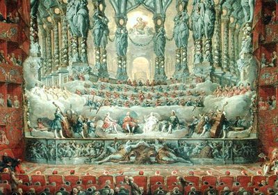 Koncert kardinála de La Rochefoucaulda (1700–1799) v divadle Argentina v Římě na oslavu svatby Ludvíka Dauphina (1729–65), syna Ludvíka XV., Marii-Josephe (1731–67) z S. od Giovanni Paolo Pannini